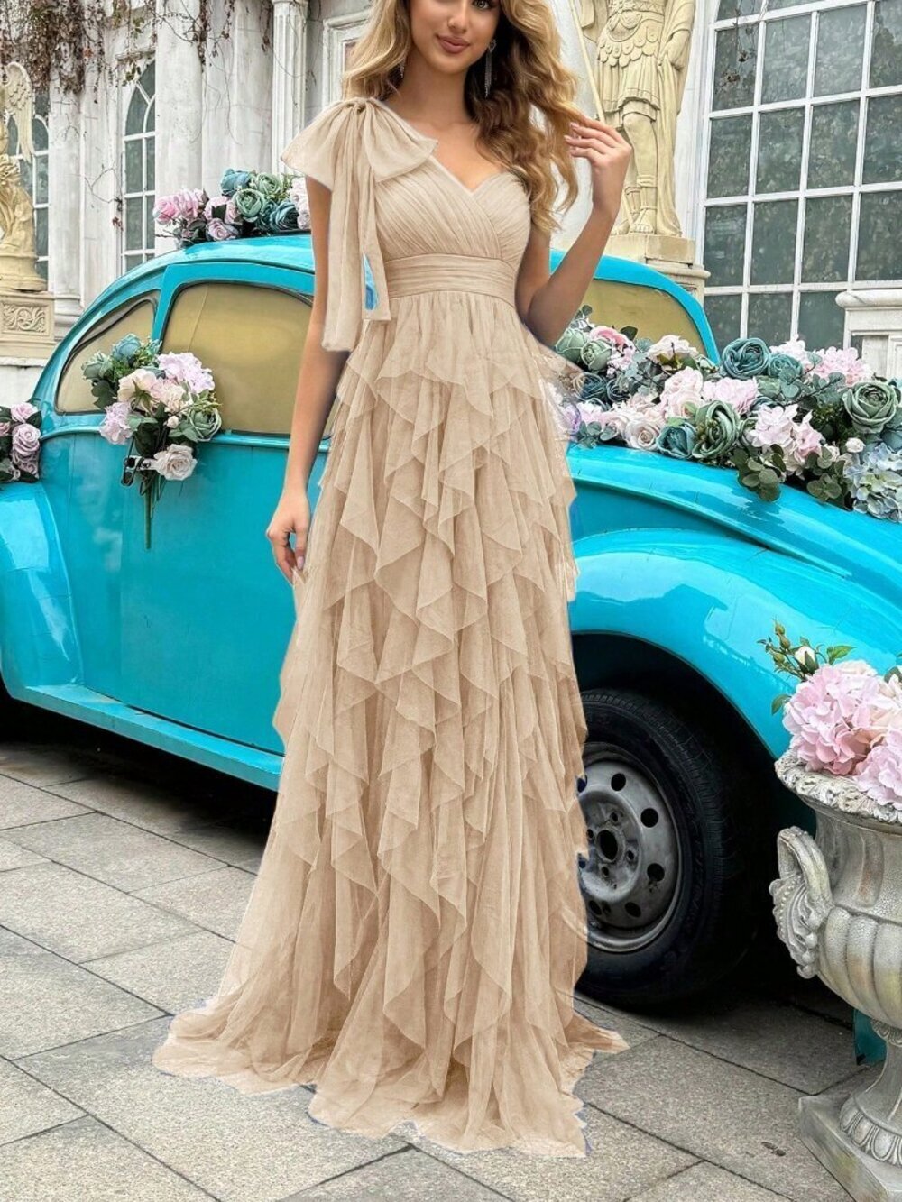 Nude Beige Elegant Asymmetric Neckline Sleeveless Women's Party Dress - Picture 4 of 7